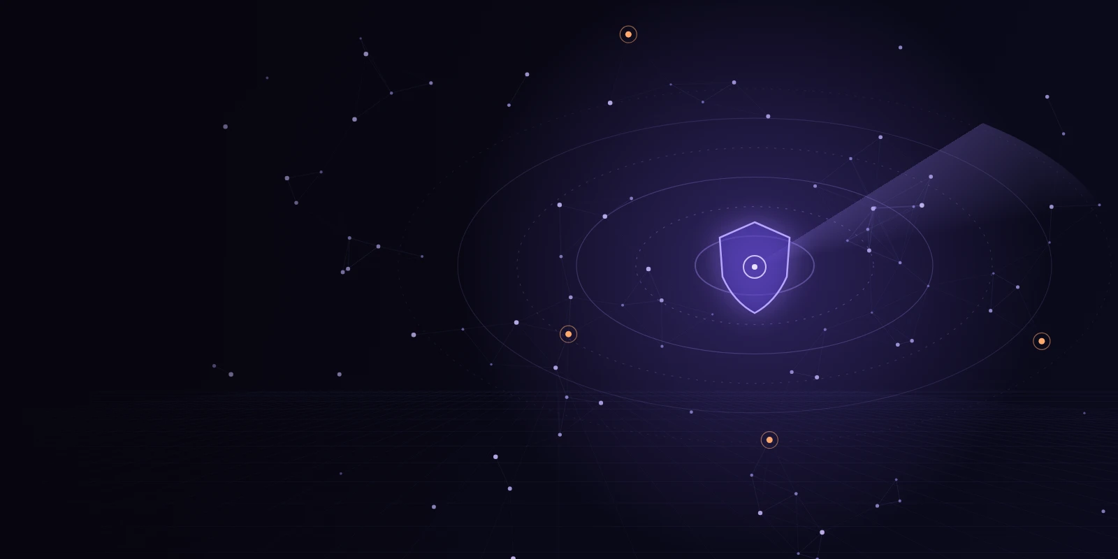 An abstract network of glowing points on a dark field, watched over by a violet shield at the centre of concentric rings. A few points are ringed in amber, marking faults found.