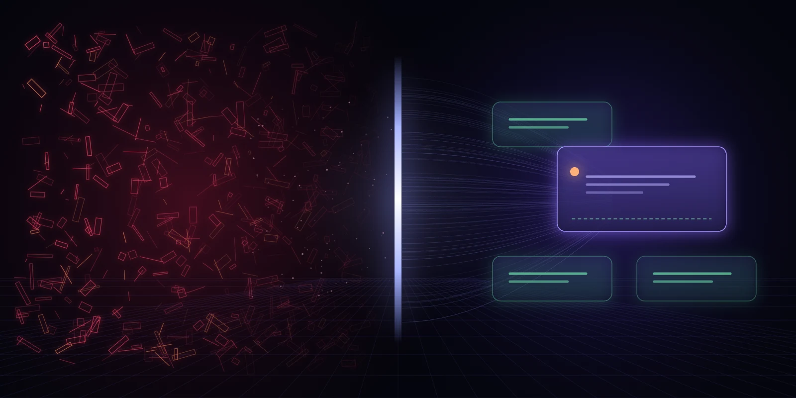On the left, a dense, disordered scatter of thin red fragments, fading as it nears a bright vertical line of light. On the right, fine lines converge into a calm, ordered arrangement: one glowing violet card with a single warm dot, beside three quiet green cards.